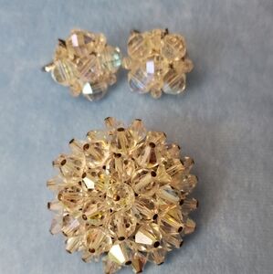 Chunky Elegant Crystal Cluster Earrings And Pin Brooch Set